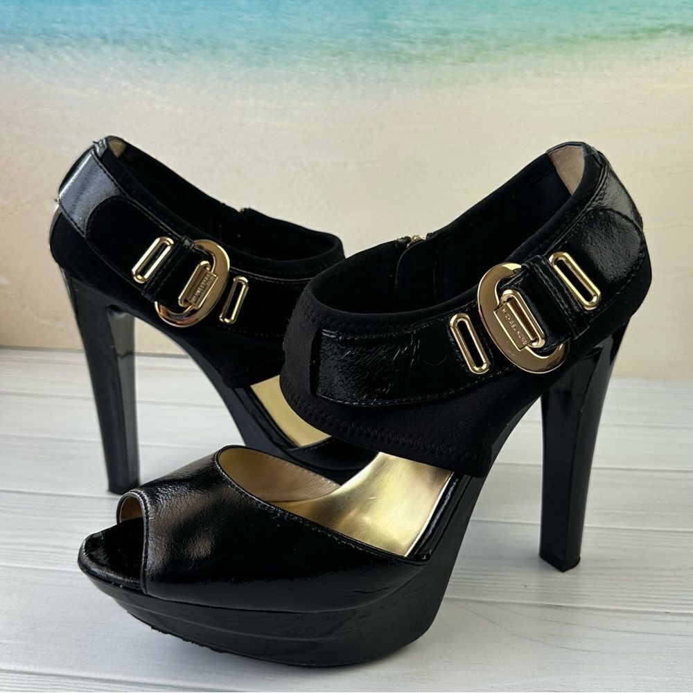 Michael Kors Morgen Black Patent High Heel Peep Toe Platform Sz 10
